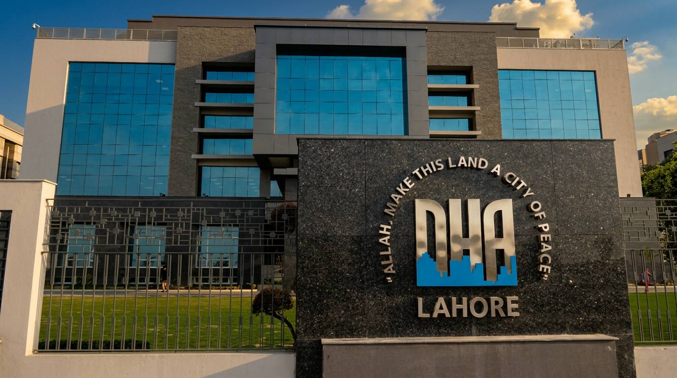 Villa entrance on a tree-lined street in DHA Lahore